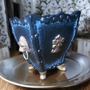 Lenwile Ardalt Artware Footed Planter Black Gold Lion Ring Flour De Lis Vtg RARE